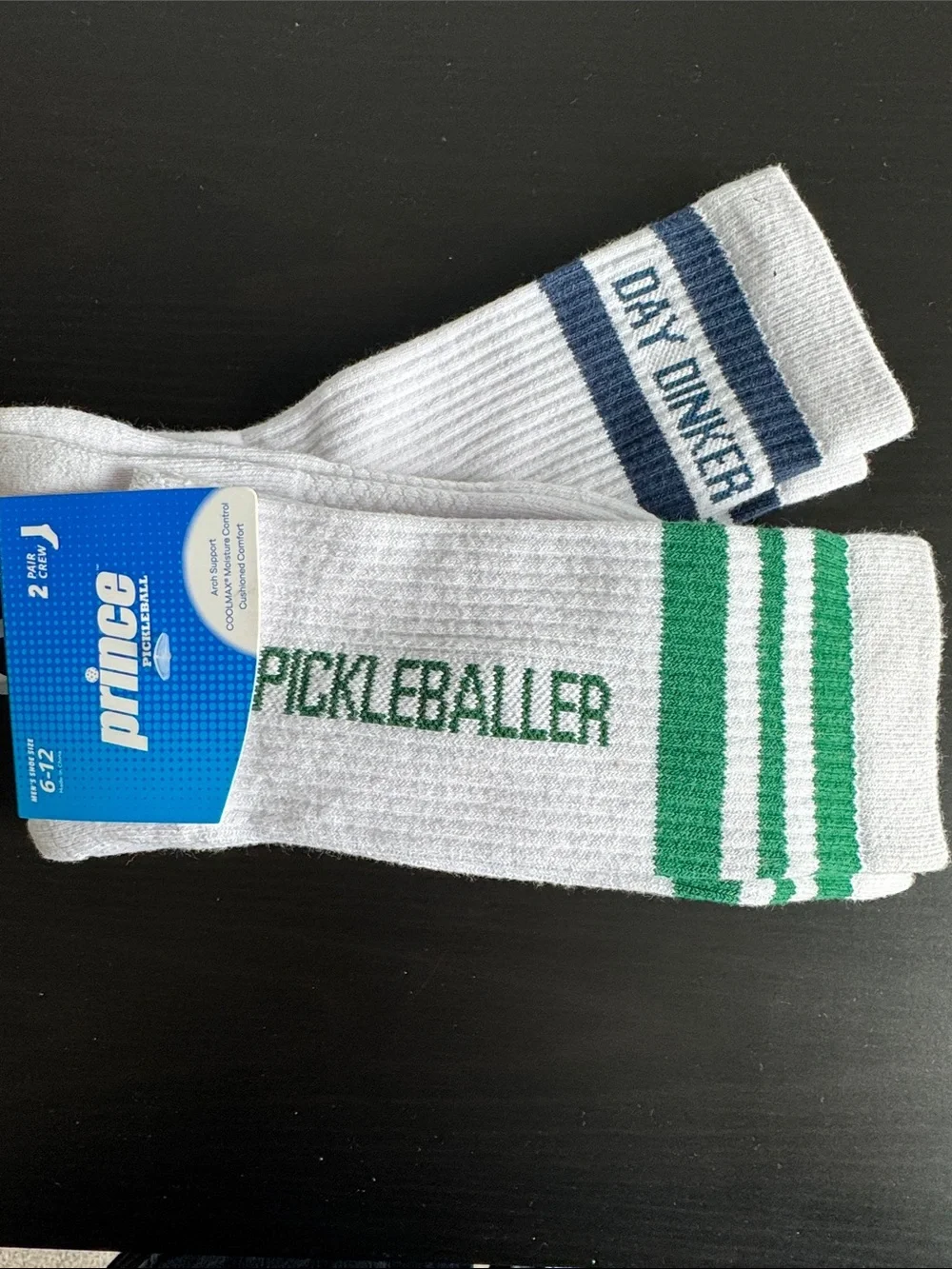 Prince Men’s Crew Athletic Socks in White with Green & Navy Accents Pickleball